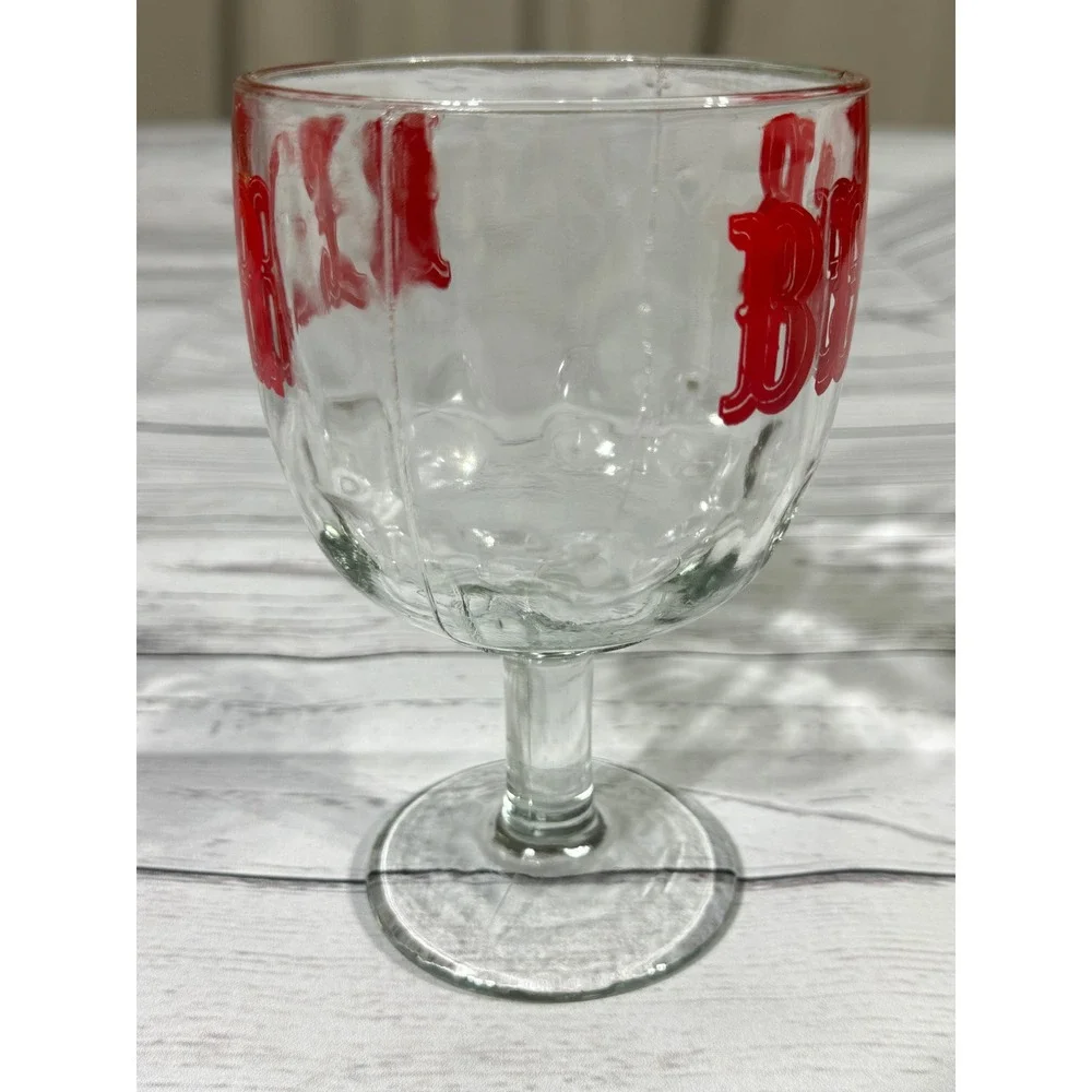 Vintage Beer Schooner Glass Red Western Graphic Heavy Stemmed Goblet 6.25in
